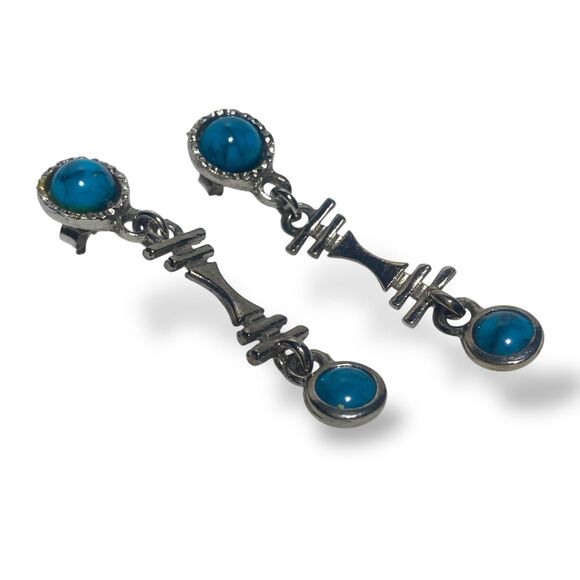Vintage Silver Tone Turquoise Dangle Earrings Boho Tribal Statement Jewelry - Picture 7 of 7